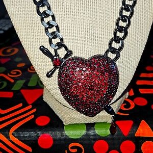 Betsey Johnson Hematite Tone Heart & Dagger Pendant Necklace Red Crystal Blood